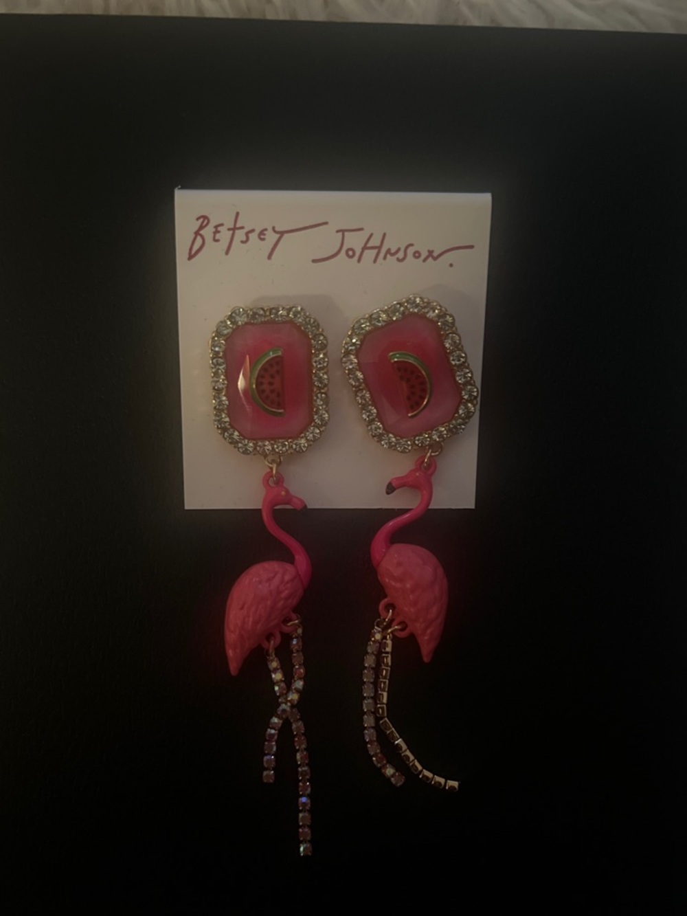 Betsey Johnson Hot Pink Flamingo Dangle Earrings with Rhinestone Trim